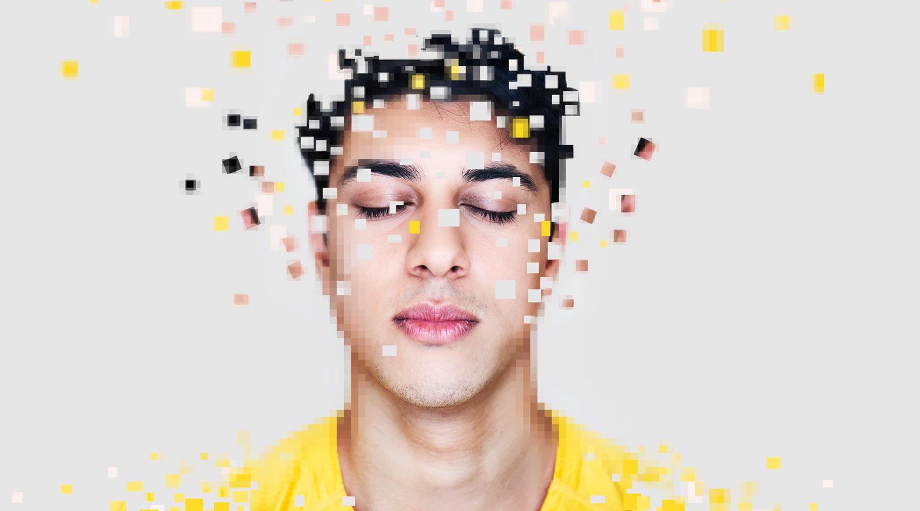 Mann mit Pixeln um seinen Kopf herum