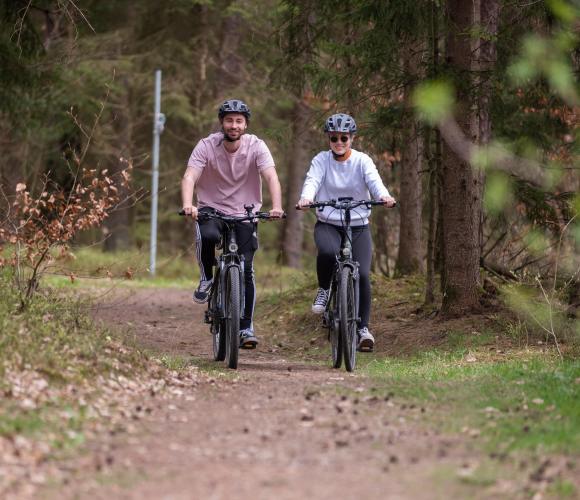 Mann und Frau fahren im Wald Fahrrad