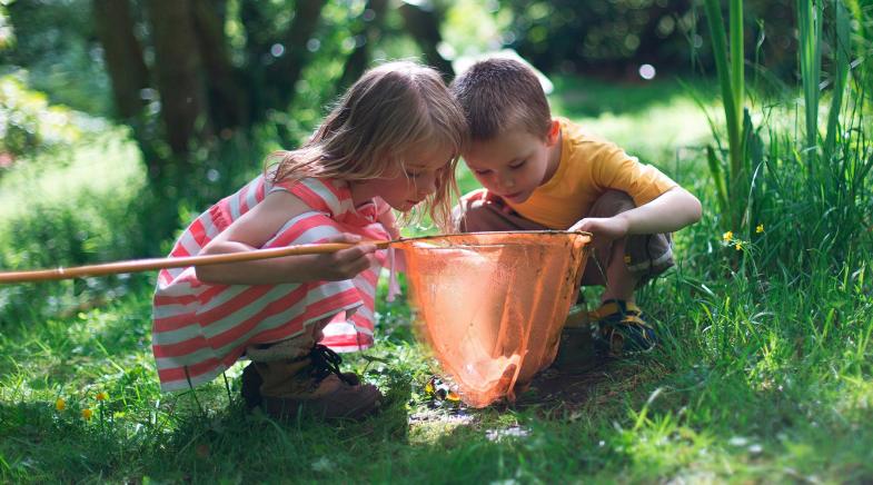 Zwei Kinder mit einem Kescher im Garten