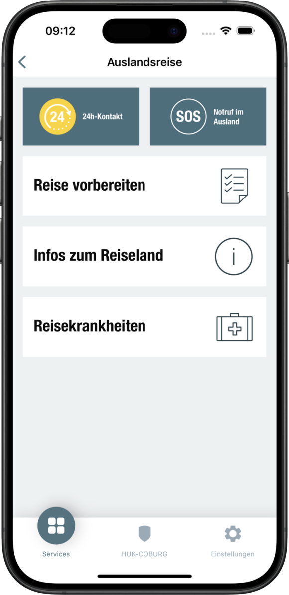 Screen aus der App Meine Gesundheit zu Auslandsreise. Infos zu Reisekrankheiten, Reiseländern, Reisevorbereitung, Notrufnummern bei Auslandserkrankungen.