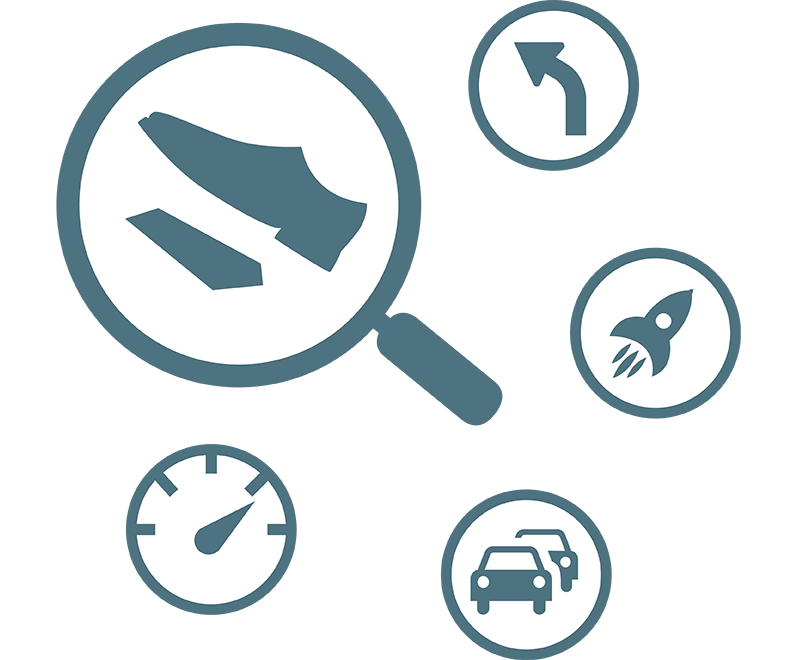 Icons mit Symbole für Lenken, Bremsen, Beschleunigen und Geschwindigkeit