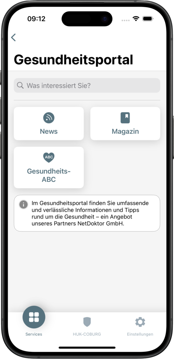 Screen des Gesundheitsportals aus der App Meine Gesundheit. Inhalt: News, Magazin, Gesundheits-ABC 