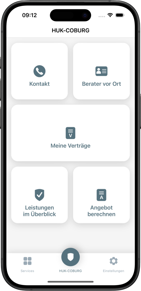 Screen der Krankenversicherung: Kontakt, Beratersuche, Meine Vertäge, Angebot berechnen