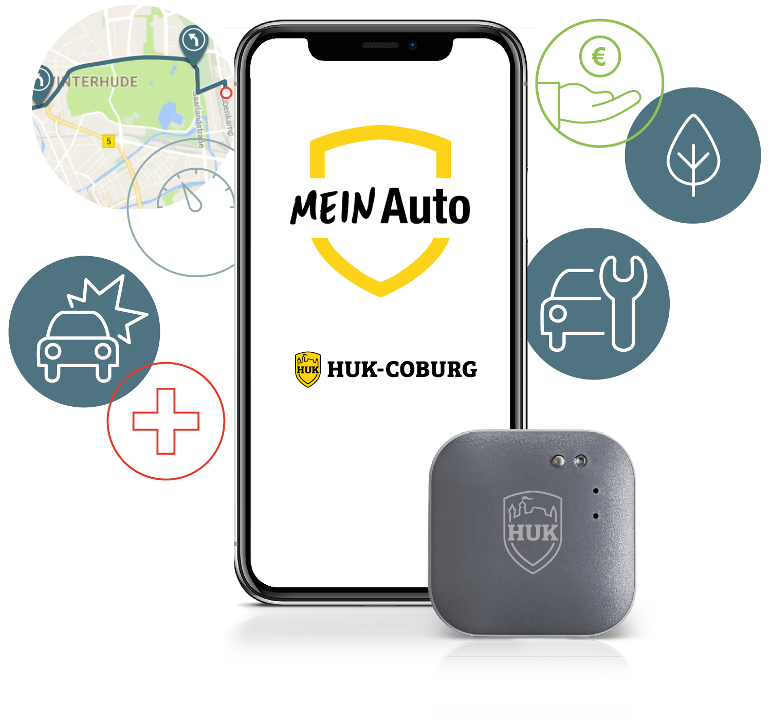Handy mit Startbildschirm der App Mein Auto mit Telematik Box daneben