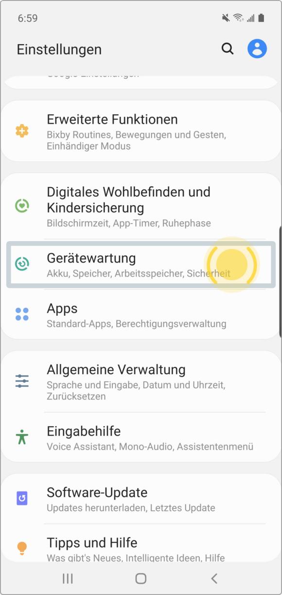 Samsung Android 10: Einstellungen Gerätewartung