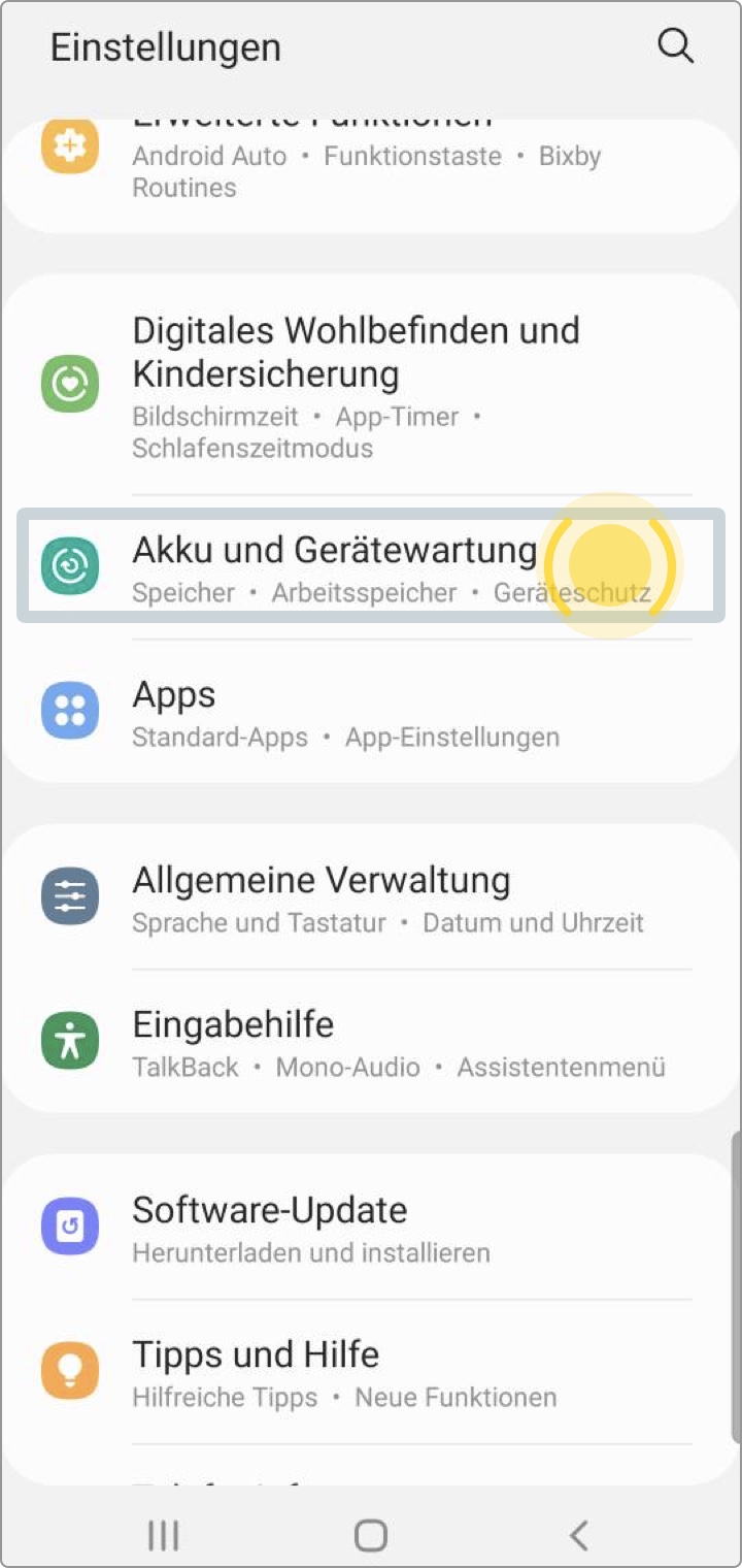 Samsung Android 11: Einstellungen Akku und Gerätewartung