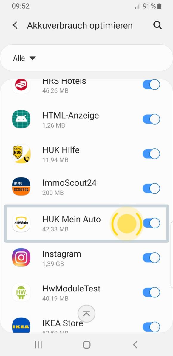 Android Samsung 9: HUK Mein Auto abwählen