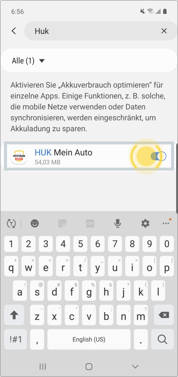 Android Samsung 10: Akkuverbrauchoptimierung für HUK Mein Auto erfolgreich abgewählt