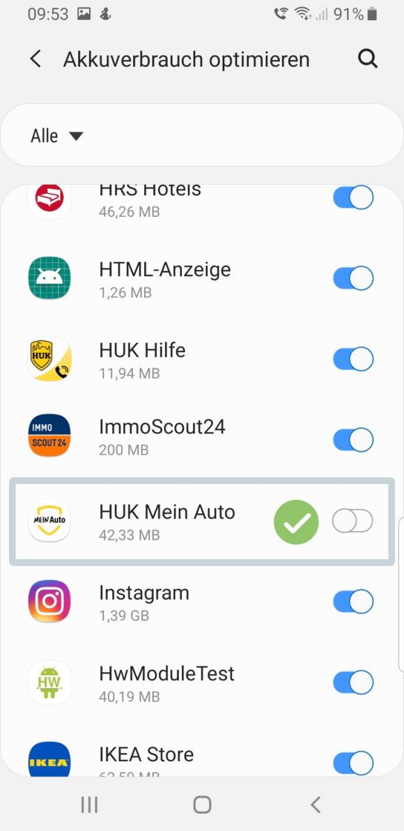 Android Samsung 9: Akkuverbrauchoptimierung für HUK Mein Auto erfolgreich abgewählt
