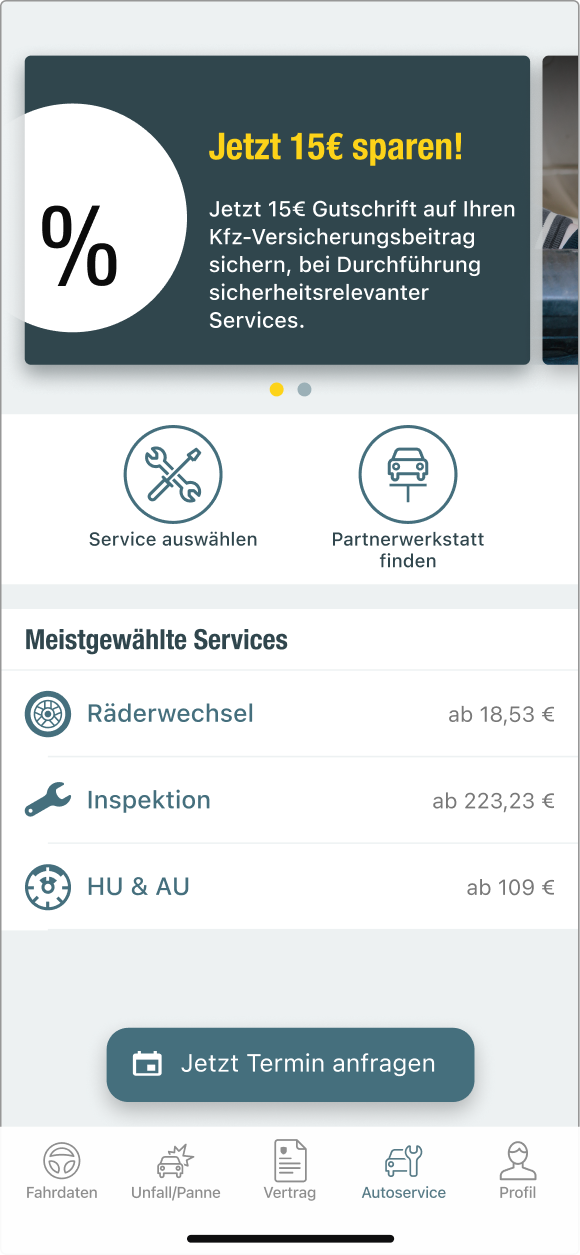 Screen-Ausschnitt Mein Auto-App: Autoservice