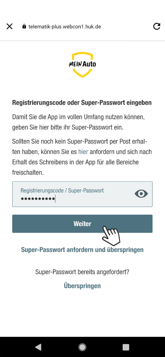 Testversion einrichten: Registrierungscode oder Super-Passwort eingeben