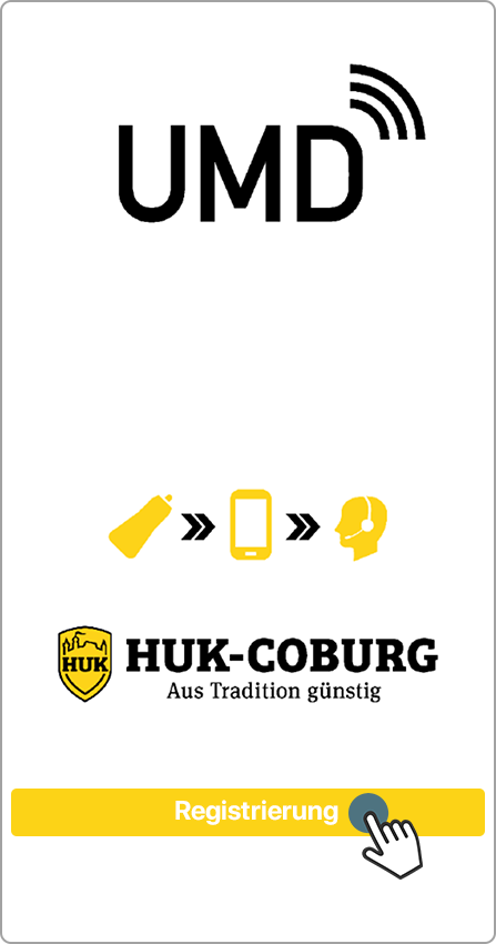 Startseite der HUK UMD App – Registrierung