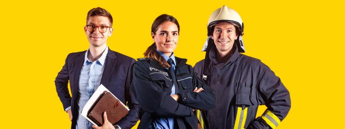 Drei Beamte: Lehrer, Polizistin, Feuerwehr-Mann