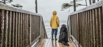 Kleiner Junge und Hund stehen bei Regen auf einer Brücke und beobachten das Meer