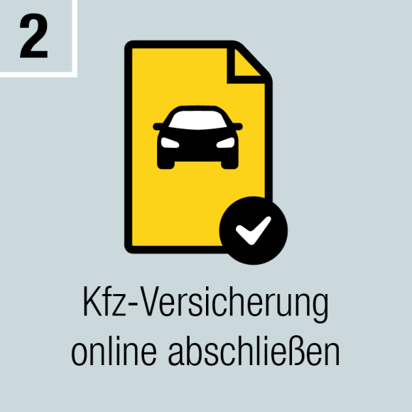 Auto mit Haken und Text: Kfz-Versicherung online abschließen
